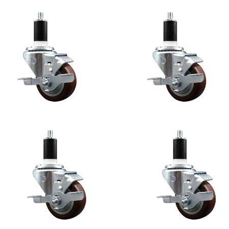 Service Caster 3'' SS Maroon Poly Swivel 1-3/8'' Expanding Stem Caster Set with Brake, 4PK SCC-SSEX20S314-PPUB-MRN-TLB-138-4